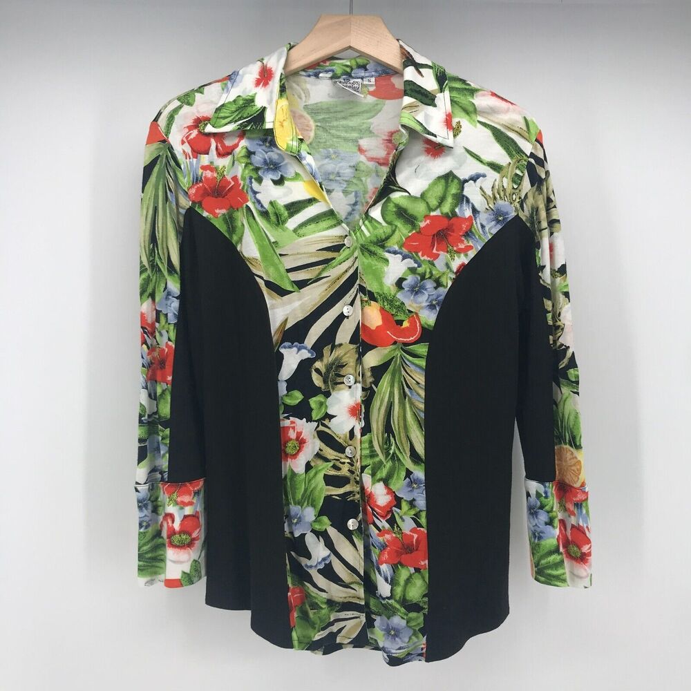 Parsley and Sage Top Womens Small Tropical Print Shell Button Front 3/4 Sleeve